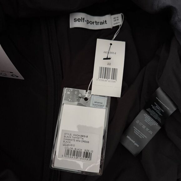 NWT Self-Portrait Black Taffeta Diamante Mini Dress with Lace Trim Size 10 - Picture 11 of 15